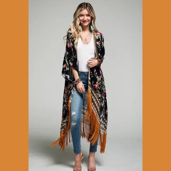 RESTOCK - Boho Floral Print Kimono Tassel Fringe Trim - Picture 4 of 8